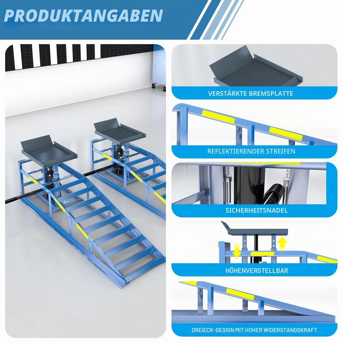 2 Stück Auffahrrampe, 5 T/5000 kg,Schwere Auffahrrampen, Hydraulikölwechselrampe mit integriertem Reflektorstreifen für die Nacht, verstellbare Hubhöhe von 24,9–38,1 cm, Garagenhebebühne