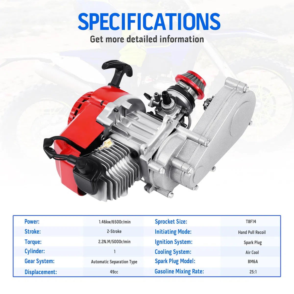 Samger 49cc 2 Takt Pocket Bike Motor, Aluminium Nabe Motor Dirtbike Motor, Mini ATV Quad mit Getriebe Vergaser