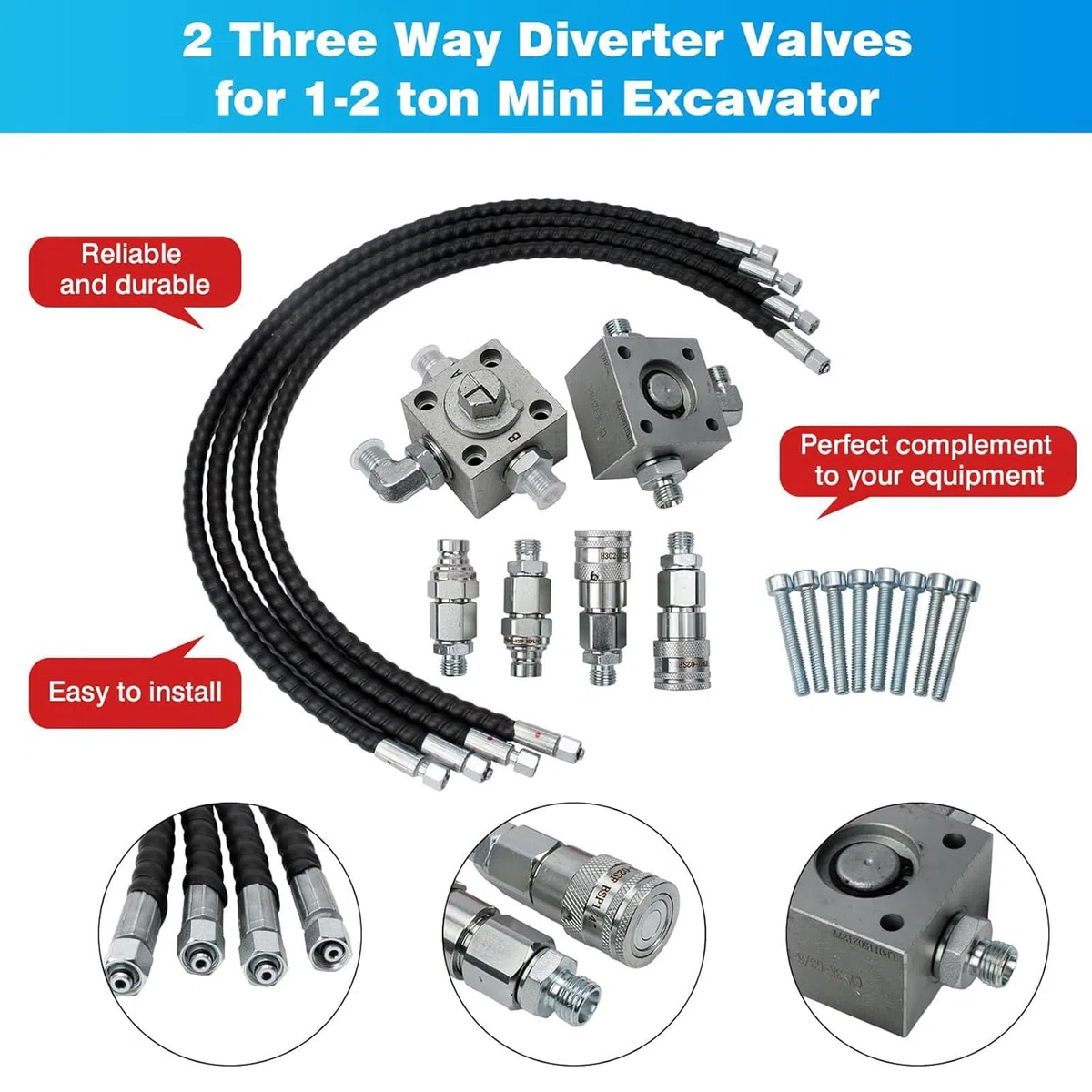 3-Wege-Diverter-Ventil-Kit für 1-2 Tonnen Chinesische Bagger, Hydrauliksystem Legierter Stahl mit Schnellverbindungsschläuchen, Hydraulische Diverter-Ventile
