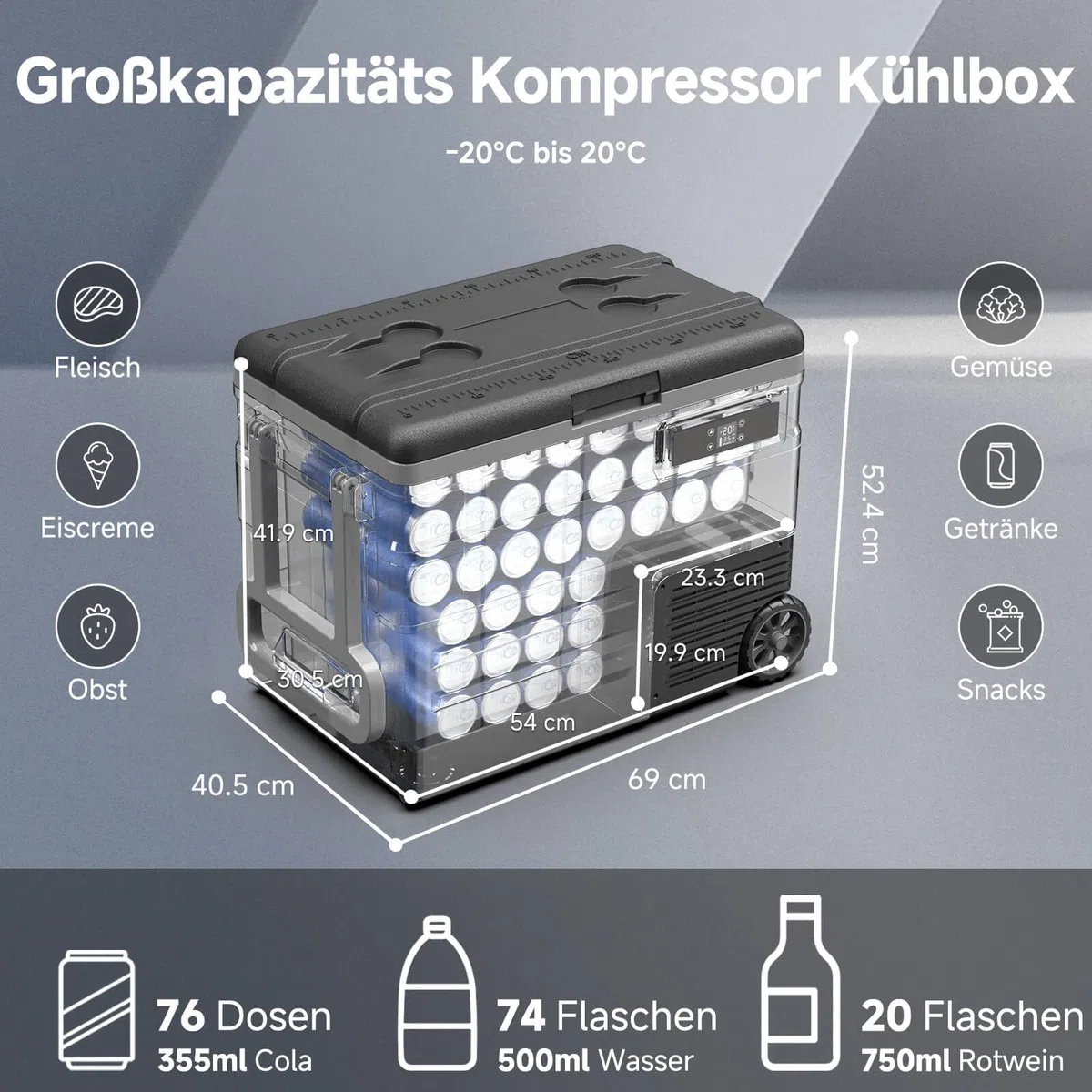 AAOBOSI 55L Kompressor Kühlbox, APP, LED, -20°C bis 20°C, 12/24V & 100-240V, mit Rädern