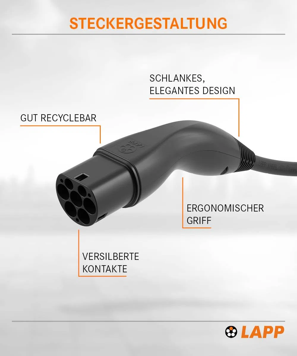 Lapp Mobility Typ 2 Ladekabel 22 KW 7m - 32a Ladekabel E Auto 3-Phasig - IP55 geschütztes Ladekabel Mode 3 - Ladekabel Typ 2 mit korrosionsresistenten Steckkontakten - geeignet für PHEV, BEV & EV