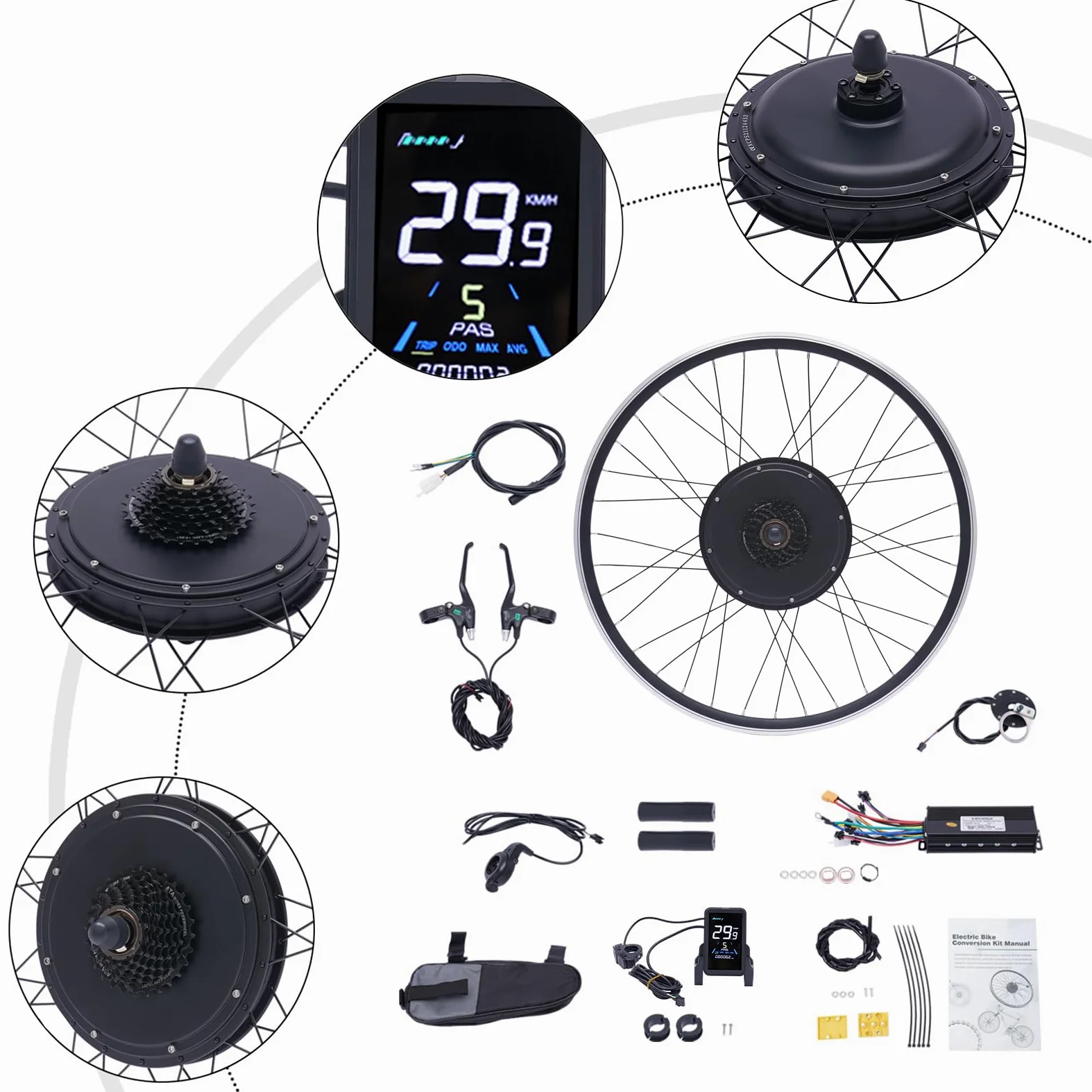48V 1000W E-Bike Umbausatz Hinterradmotor, Elektrofahrrad Hinterrad Umbausatz Kit mit Display/Controller/PAS, Brushless Nabenmotor für 28" 29" 700C Fahrräder