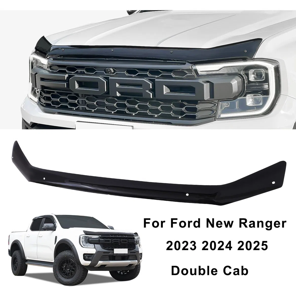 Motorhauben-Deflektor Insektenschutz für 2023–2026 T9 Ford Ranger Wildtrak, Raptor, XL, XLT, Limited, Tremor, Wildtrak X, Platinum, PMMA Acryl, UV-beständig, wetterfest, glänzend schwarz