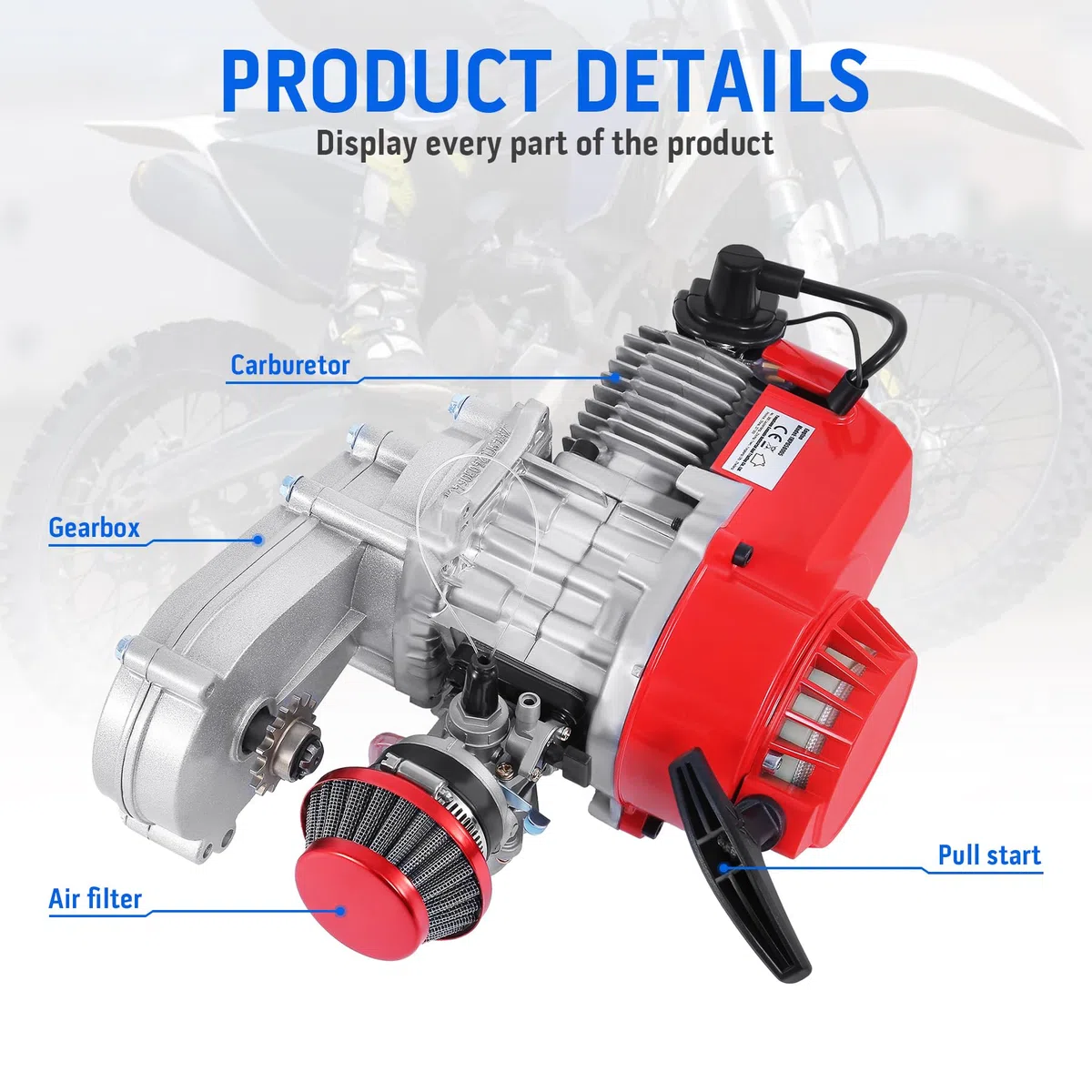 Samger 49cc 2 Takt Pocket Bike Motor, Aluminium Nabe Motor Dirtbike Motor, Mini ATV Quad mit Getriebe Vergaser