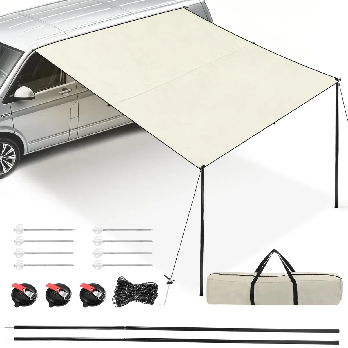 Vorzelt Auto Sonnensegel mit Camping Busvorzelt Markise Auto Camper 2.5 x 2.4m,Universal Caravan Sonnenschutz mit Saugnapf Kederleiste Wohnmobil für Transporter Vans SUV Wasserdicht UV-Schutz