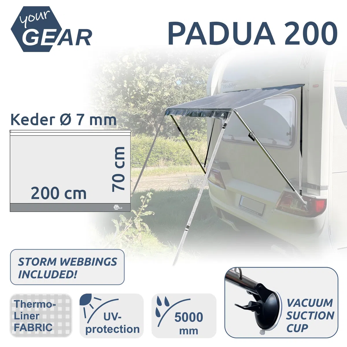 your GEAR Padua - Fenstermarkise für Wohnwagen | Größen: 140/160/180/200 x 70 cm | 7 mm Keder | UV 80+ Sonnenschutz, Camping-Markise (Grau, 200 X 70 cm)