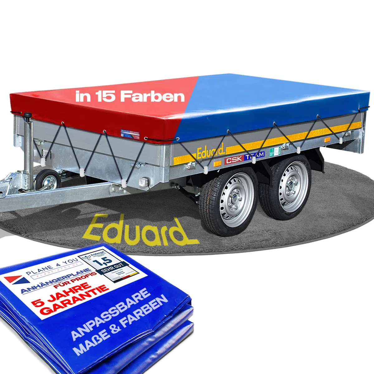Hochwertige Eduard Anhängerplane nach Maß in 15 Farben - Flachplane für PKW-Anhänger - wasserdichte PVC Abdeckplane mit Anhänger Zubehör
