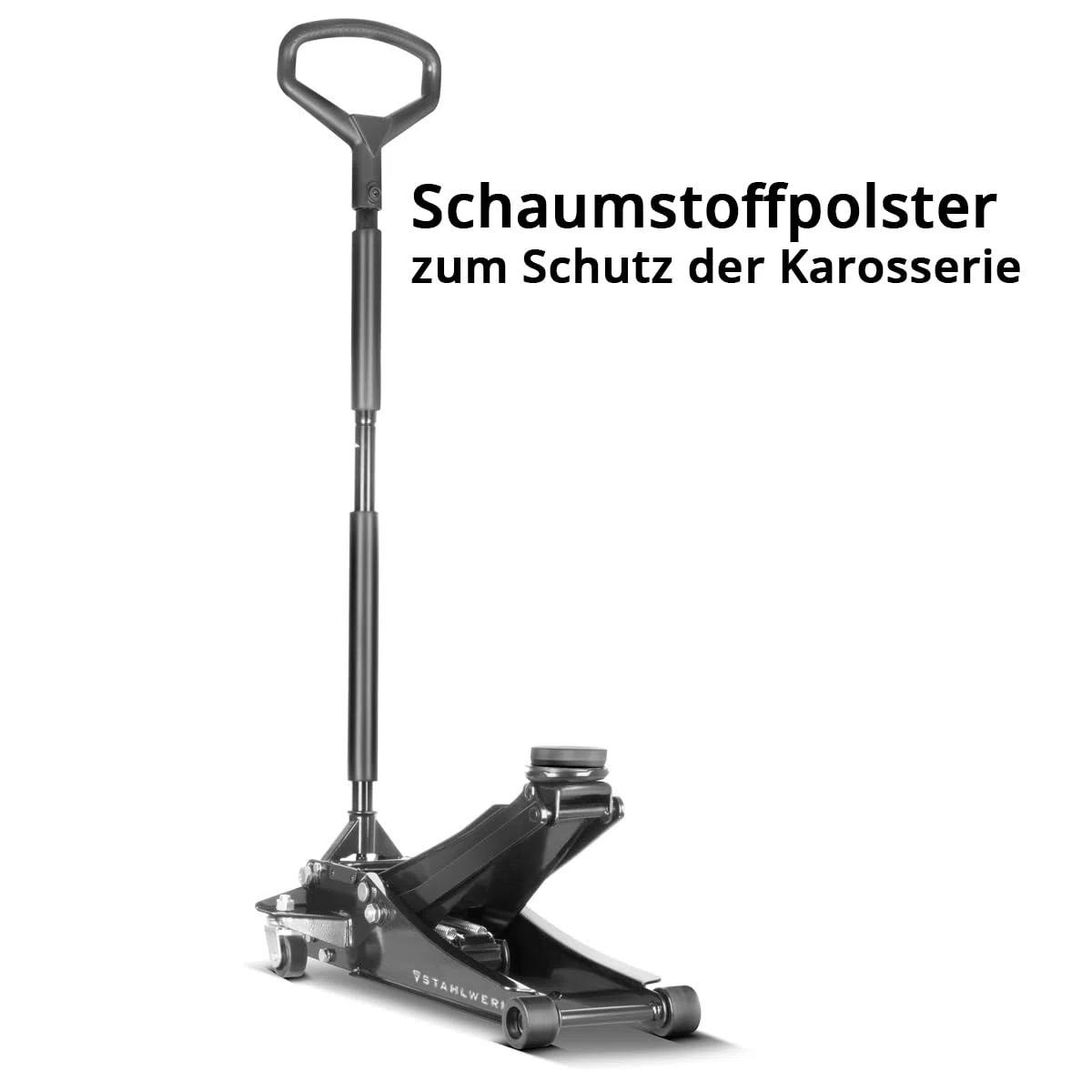 STAHLWERK Hydraulischer Wagenheber mit 3 t Tragkraft – extra flach, 73-500 mm Hubbereich, gummierte Rollen, Doppelhubkolben, Rangierwagenheber, Hydraulik-Wagenheber, schwarzer Autoheber (WHB-73 ST)