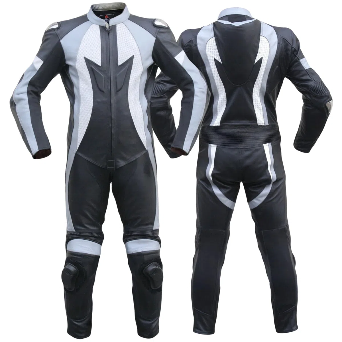 German Wear Motorradkombi Herren Lederkombi Motorrad Rennkombi aus Kalbsleder mit Rückenhöcker Protektoren an Schienbein und Unterarm Knieschleifer Atmungsaktiv Schwarz/Grau/Weiß, Größe:48