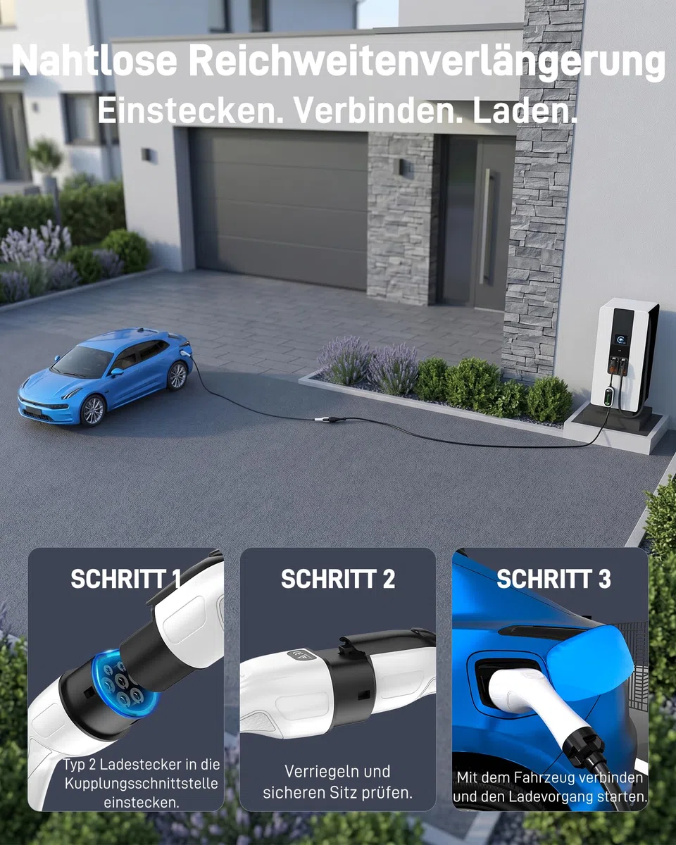 Typ 2 Verlängerungskabel (16 A, 11 kW, 5 m, 3-phasig) - Wallbox-Verlängerungskabel für EV-Ladegeräte, Wallboxen & Ladestationen, Kompatibel mit Elektroautos (EV) & Plug-in-Hybriden (PHEV)