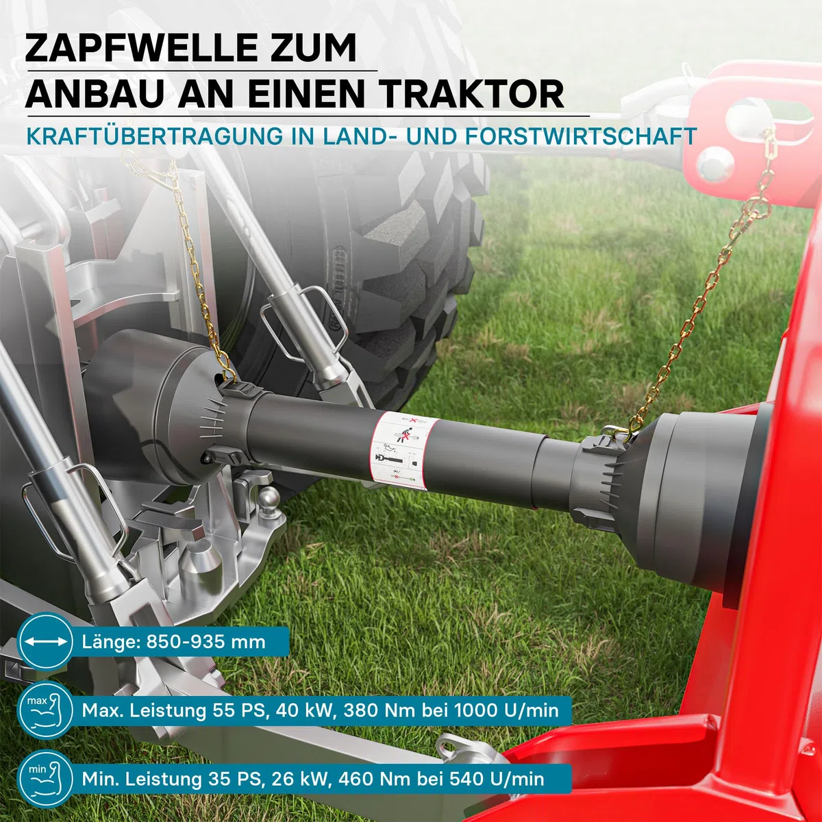 Wiltec Zapfwelle T4 Gelenkwelle 850-935mm 460Nm 540U/min, PTO-Shaft, 40kW (55PS), 2X 1 3/8" 6 Zähne