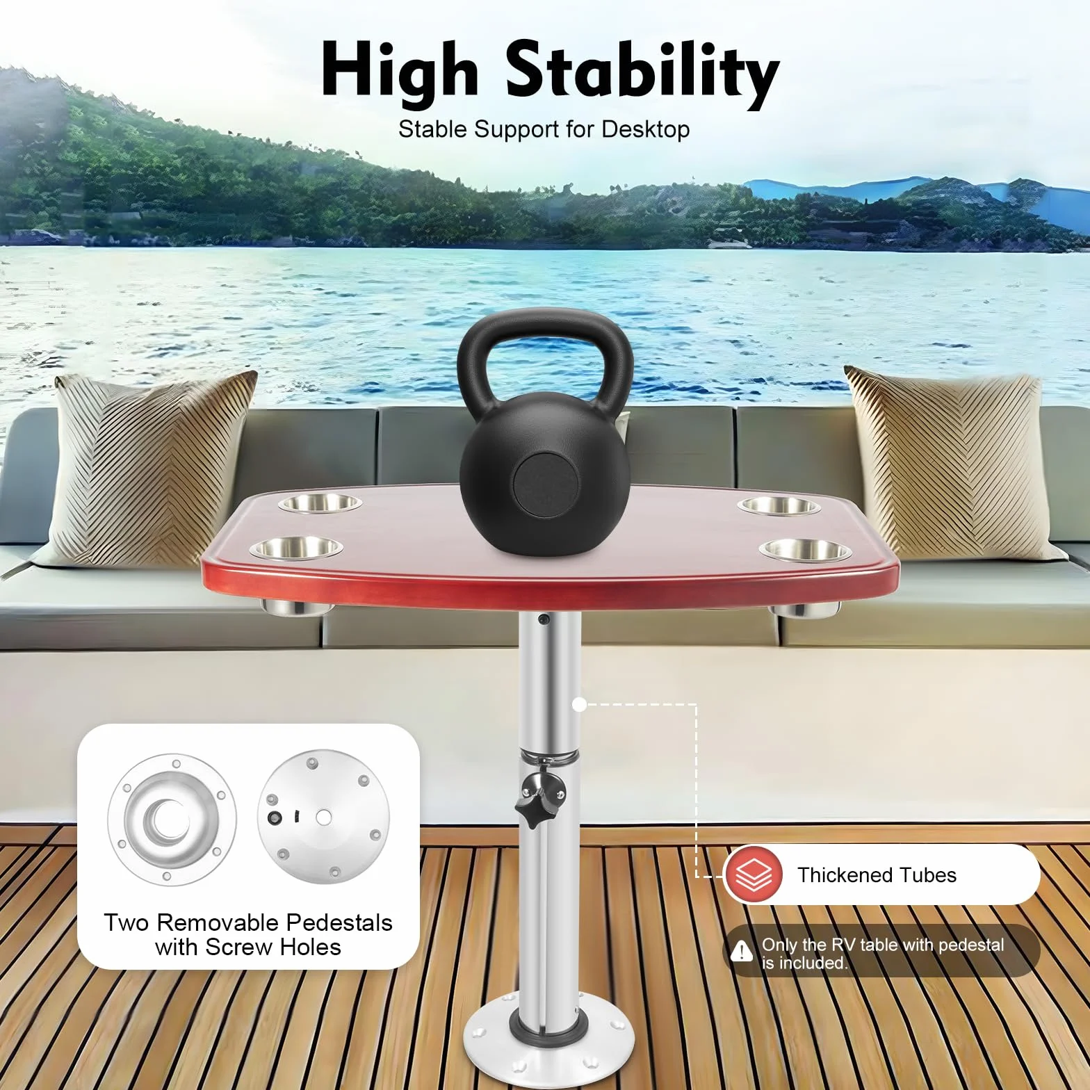 MccoMMon 22''-28'' Caravan Tisch klappbar Eiche Top, Teleskop Marine Caravan Bootstisch, Boot Cockpit Bootstisch mit 4 Getränkehalter und Pedestal, Bootstisch für Caravans