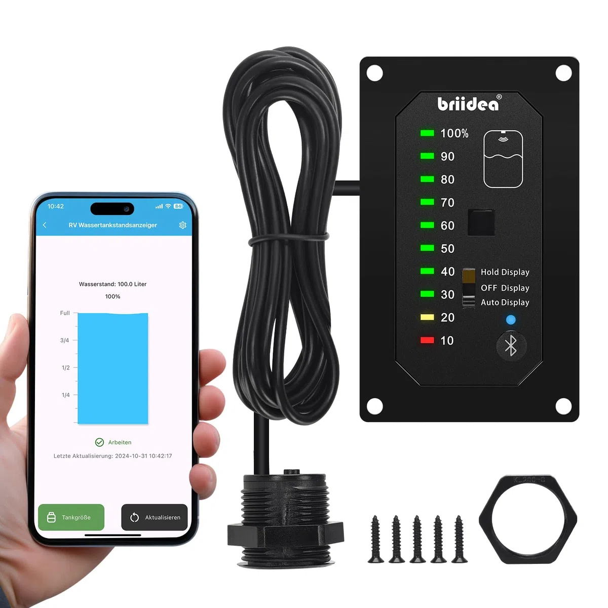 briidea Bluetooth Füllstandsanzeige Wassertank für Wohnmobil mit App & LED-Anzeige, Präzise Messung, Auto-Sense-Funktion, Sicherstellung der Wasserversorgung für Wohnmobile, Boote, Wohnwagen, HRWL