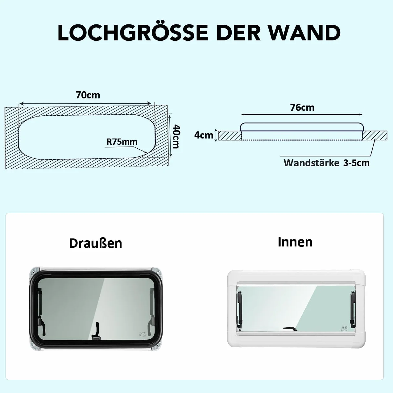 Wohnmobilfenster Ausstellfenster 700 x 400mm Wohnmobil Fenster Seitenfenster mit integriertem Rollo und Fliegengitter für RV Wohnwagen, Kastenwagen, Van, Camper, Auto, Bus, Boot