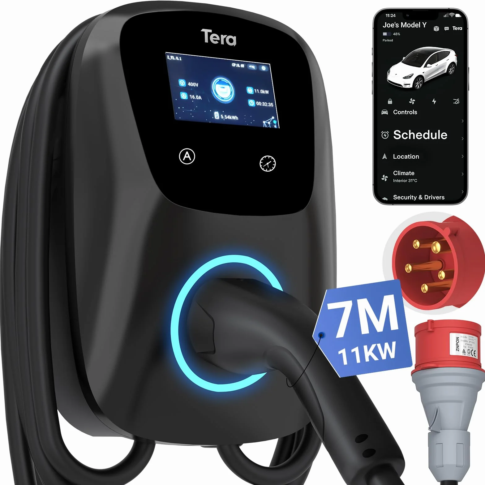 Tera Smart EV Ladegerät Typ 2 Wallbox mit APP 11kW 16A 400V CE&TÜV mit Wlan & Bluetooth 7m Ladekabel mit Ladegerätehalter Heim Wallbox CEE 3-Phasen Stecker für EVs & PHEV W01 Schwarz